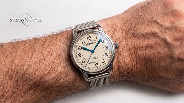 Alpina ivory-dial watch with blue hands on a mesh bracelet