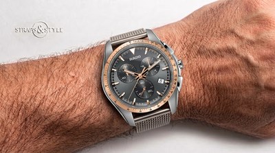 Rado chronograph with a charcoal dial, three sub-dials and a rose-gold tachymeter bezel on a Straps&Style mesh bracelet