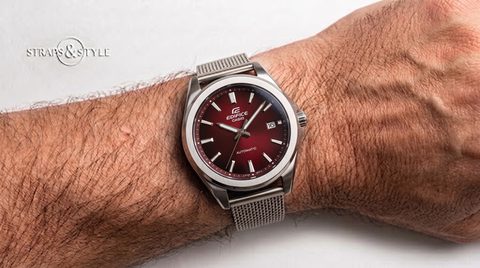 Casio Edifice automatic with burgundy dial on a Straps&Style mesh bracelet
