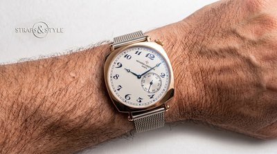 Vacheron Constantin Historiques with a cushion rose-gold-tone case, cream dial, blue numerals and blued hands on a Straps&Style mesh bracelet