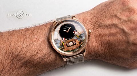 Jaquet Droz Bird Repeater with a hand-painted bird motif dial and rose gold case on a Straps&Style mesh bracelet