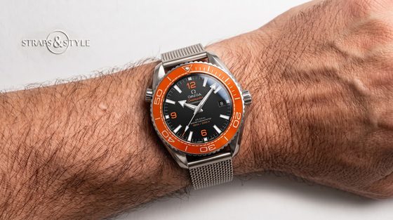 Omega Seamaster Planet Ocean orange on a Straps&Style mesh bracelet