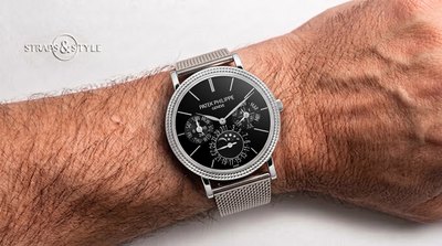 Patek Philippe Calatrava perpetual calendar with a glossy black dial, hobnail bezel and a moonphase at six on a Straps&Style mesh bracelet