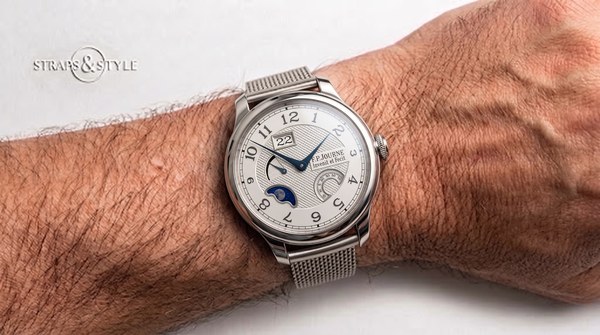 F.P. Journe Octa Automatique Lune with silver guilloché dial, big date, moonphase and power-reserve on a Straps&Style mesh bracelet
