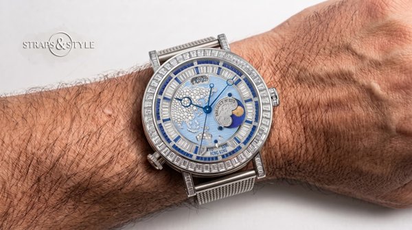 Breguet gem-set moonphase watch with blue dial on a Straps&Style mesh bracelet