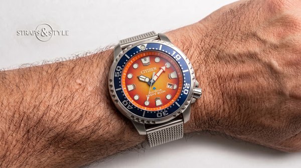 Citizen Promaster Diver with orange gradient dial on a Straps&Style mesh bracelet