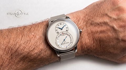 Jaquet Droz Grande Seconde Quantieme with an ivory enamel dial, blue hands and date and seconds subdials on a Straps&Style mesh bracelet