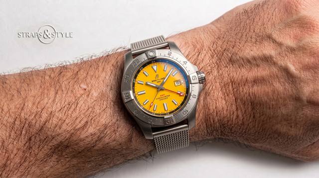 Breitling Avenger GMT with yellow dial on a Straps&Style mesh bracelet