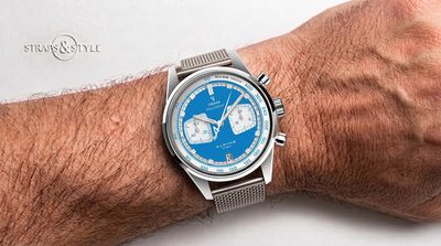 YEMA Rallygraf Alpine Cup Series chronograph with an electric blue dial, white subdials and a blue tachymeter ring on a Straps&Style mesh bracelet