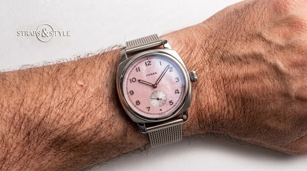 Fears Brunswick with pink mother-of-pearl dial and small seconds on a Straps&Style mesh bracelet