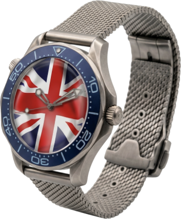 Watch with a Union Jack dial on a steel mesh bracelet