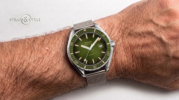 Doxa SUB 200 II with olive-green sunburst dial and matching bezel on a Straps&Style mesh bracelet