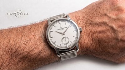 Vacheron Constantin dress watch with an opaline white dial, small seconds at six and a stepped bezel on a Straps&Style mesh bracelet