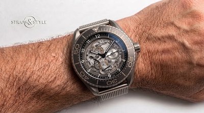 Vacheron Constantin skeletonised diver with a brushed grey titanium case, day and date displays and a dive bezel on a Straps&Style mesh bracelet