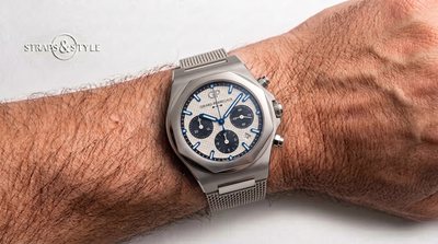 Girard-Perregaux Laureato chronograph with white hobnail dial, blue subdials and date on a Straps&Style mesh bracelet