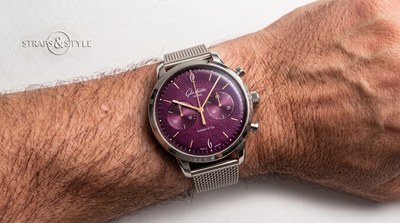 Glashütte Original chronograph with textured dégradé purple dial and rose gold-tone markers on a Straps&Style mesh bracelet