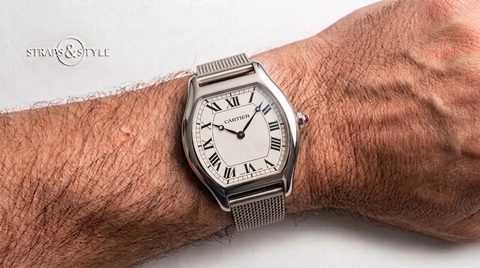 Cartier Tortue with silver dial and red cabochon on a Straps&Style mesh bracelet