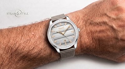 Piaget Polo with a silver grooved dial, diamond hour markers, a diamond-set bezel and a date at six on a Straps&Style mesh bracelet