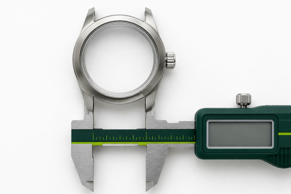 Watch case lug width being measured with a digital caliper