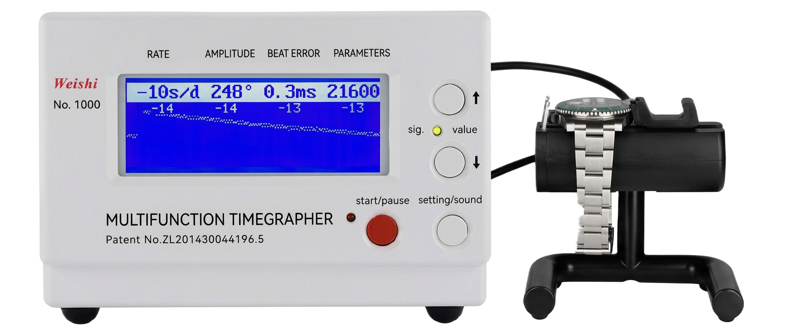 Weishi No. 1000 timegrapher measuring a watch on its microphone stand